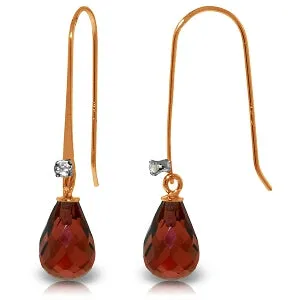 14K Solid Rose Gold Fish Hook Earrings w/ Diamonds & Garnet