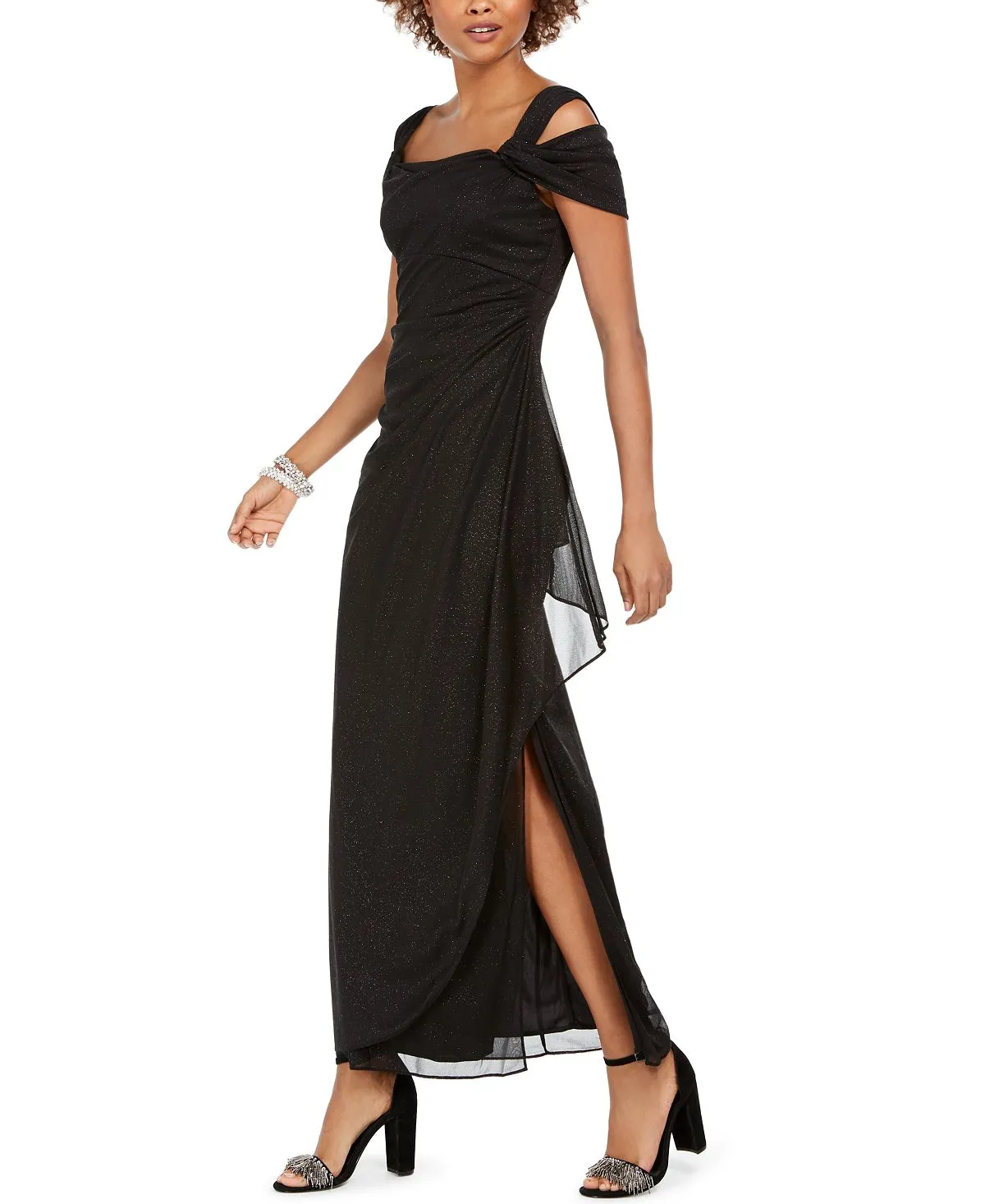 Alex Evenings Mini Metallic Off Shoulder Draped Dress black