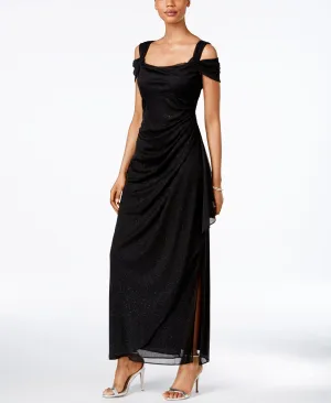 Alex Evenings Mini Metallic Off Shoulder Draped Dress black