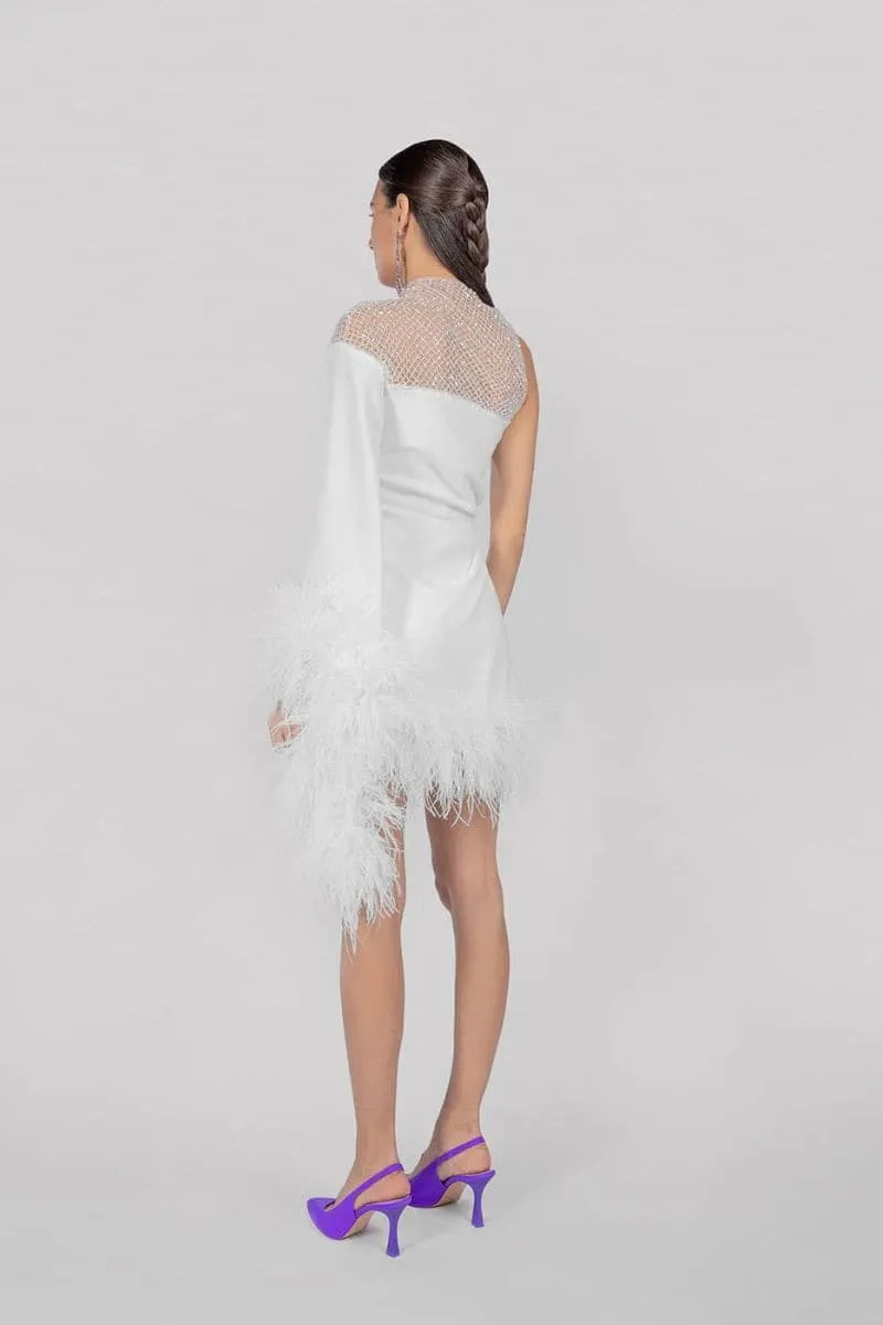 AURORA ASYMMETRIC DRAPED FEATHER DRESS