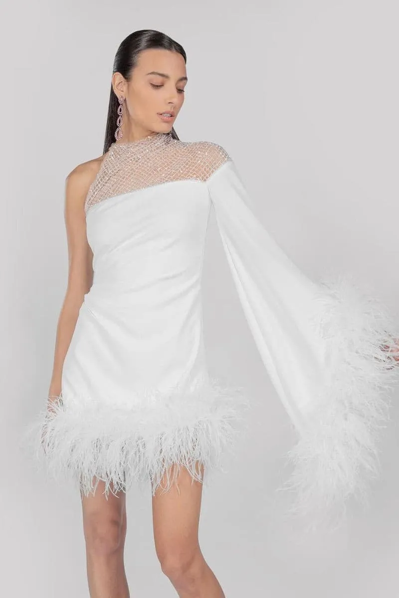 AURORA ASYMMETRIC DRAPED FEATHER DRESS