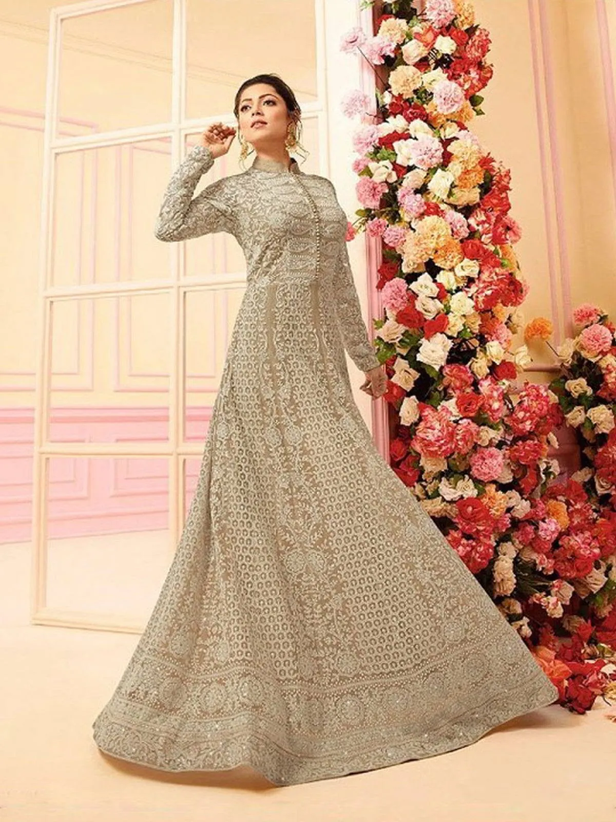 Beige With Kashmir Embroidered Detail Designer Kalidar Anarkali Suit