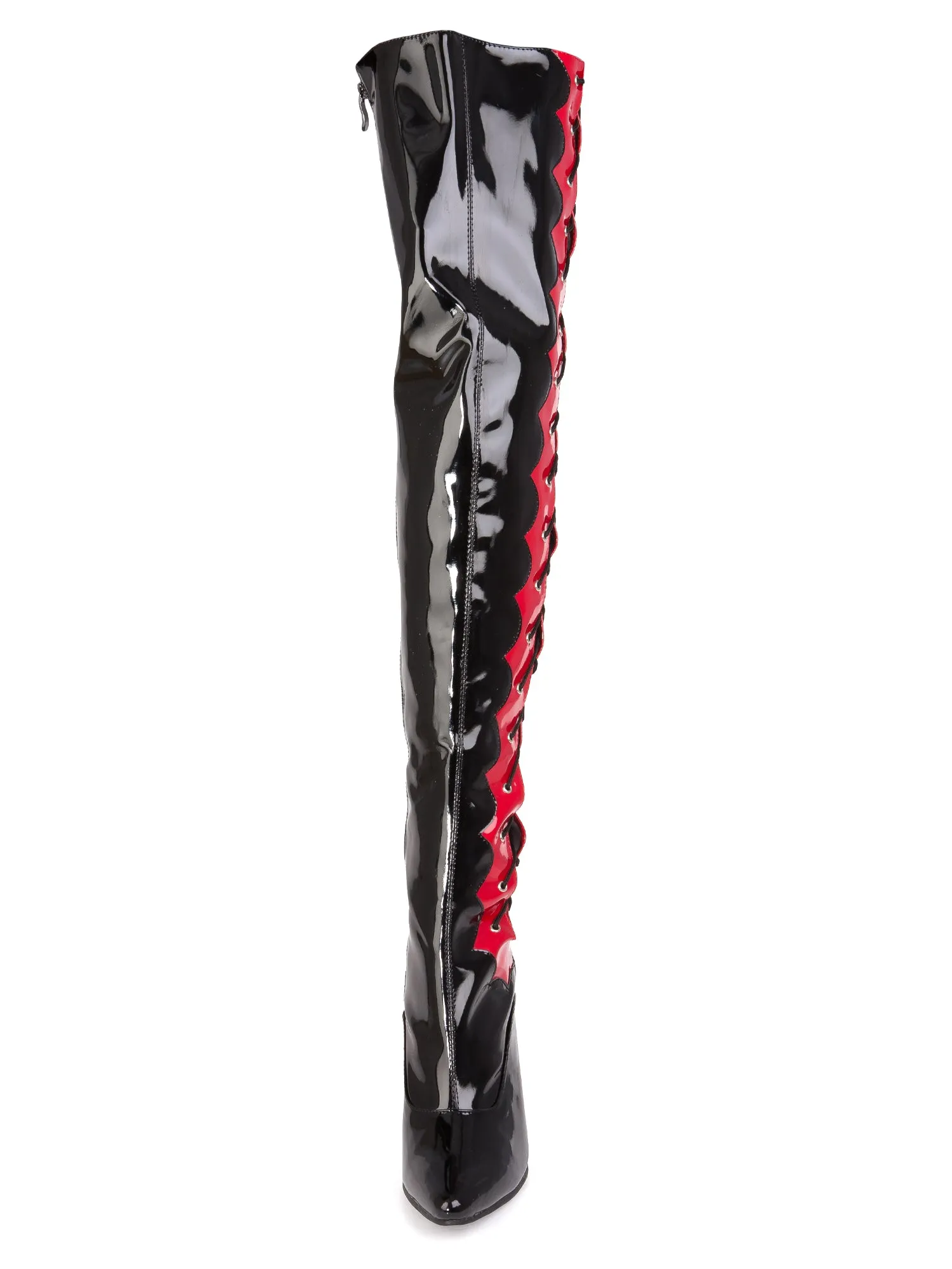 Black & Red Thigh Boots With Side Lacing