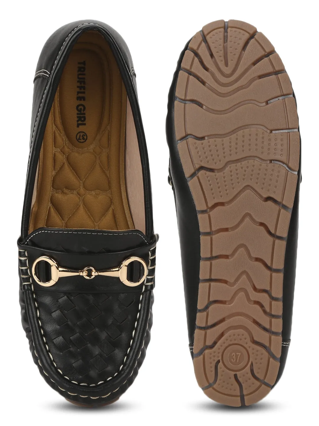 Black PU Gold Chain Loafer With Weaves