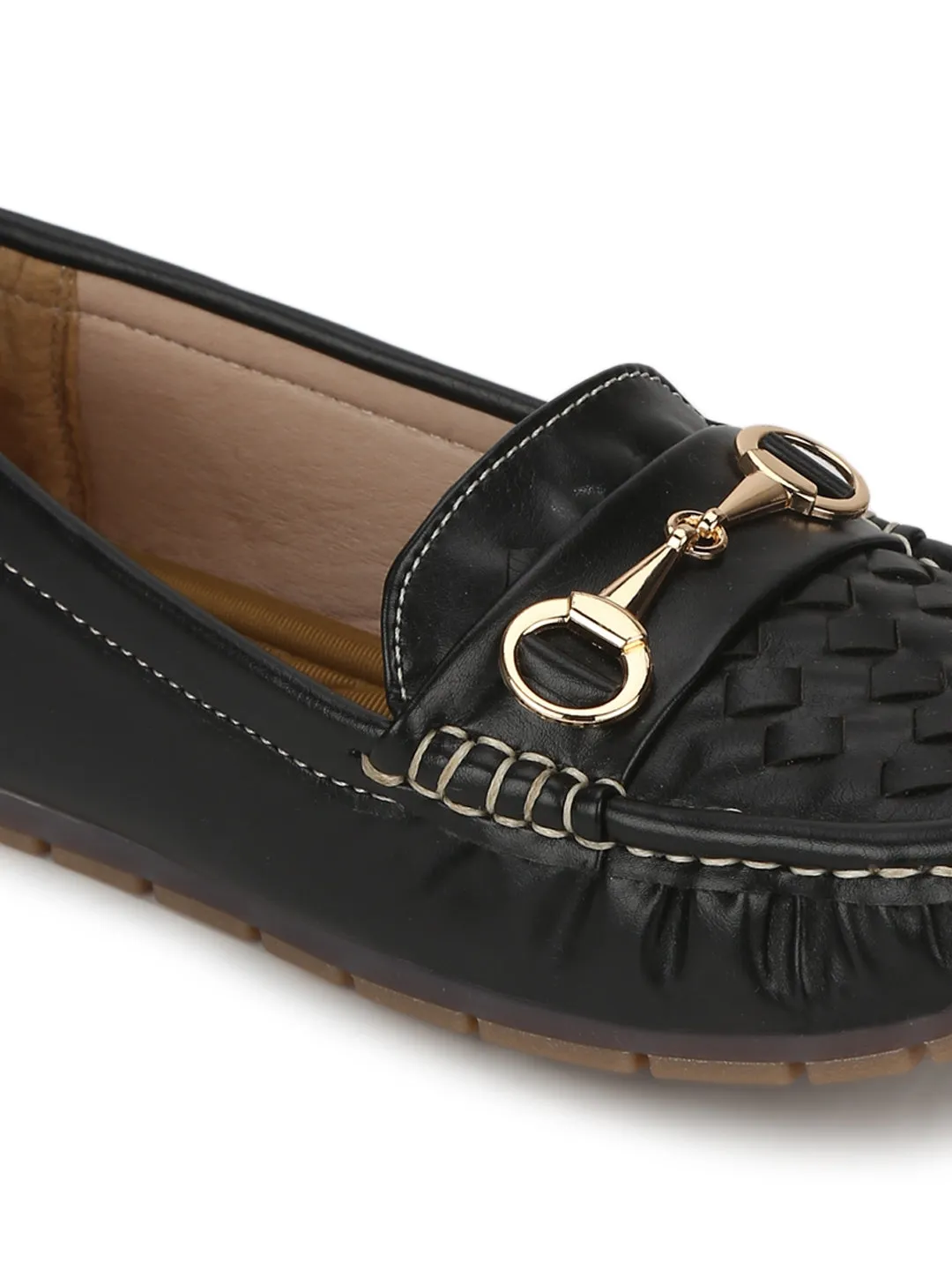 Black PU Gold Chain Loafer With Weaves