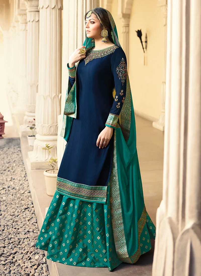 Blue And Turquoise Embroidered Lehenga Kurti Set