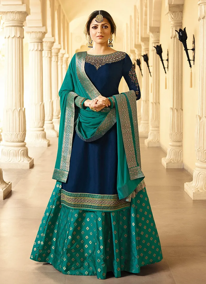 Blue And Turquoise Embroidered Lehenga Kurti Set