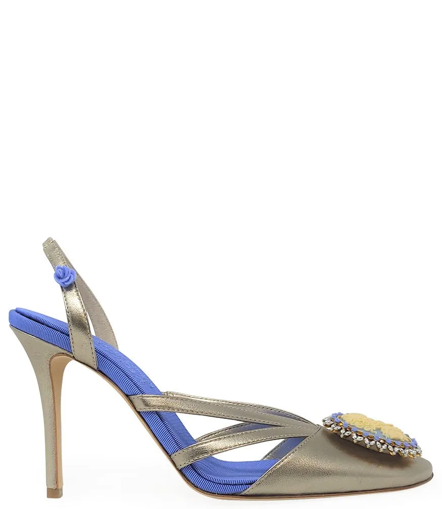 Blue Gold Leather Cameo High Heel Slingback