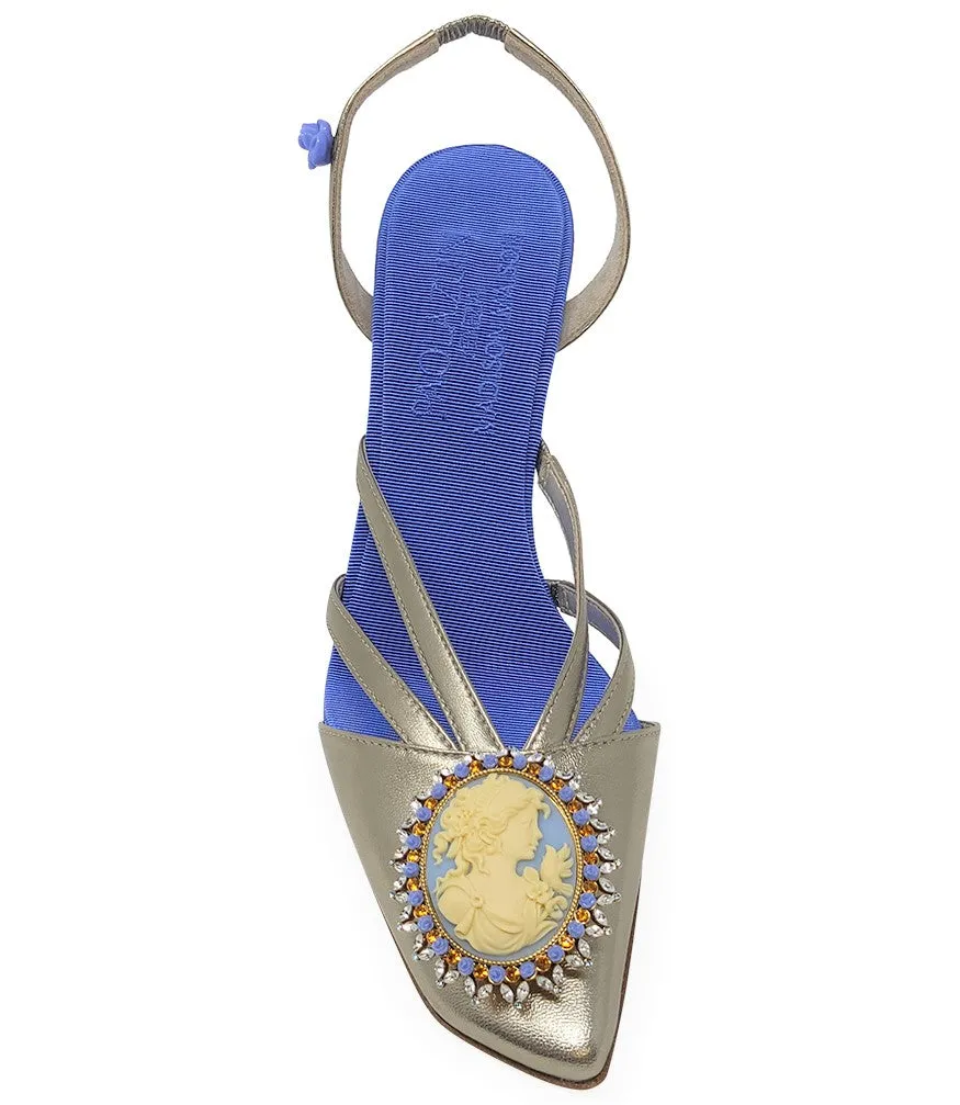 Blue Gold Leather Cameo High Heel Slingback