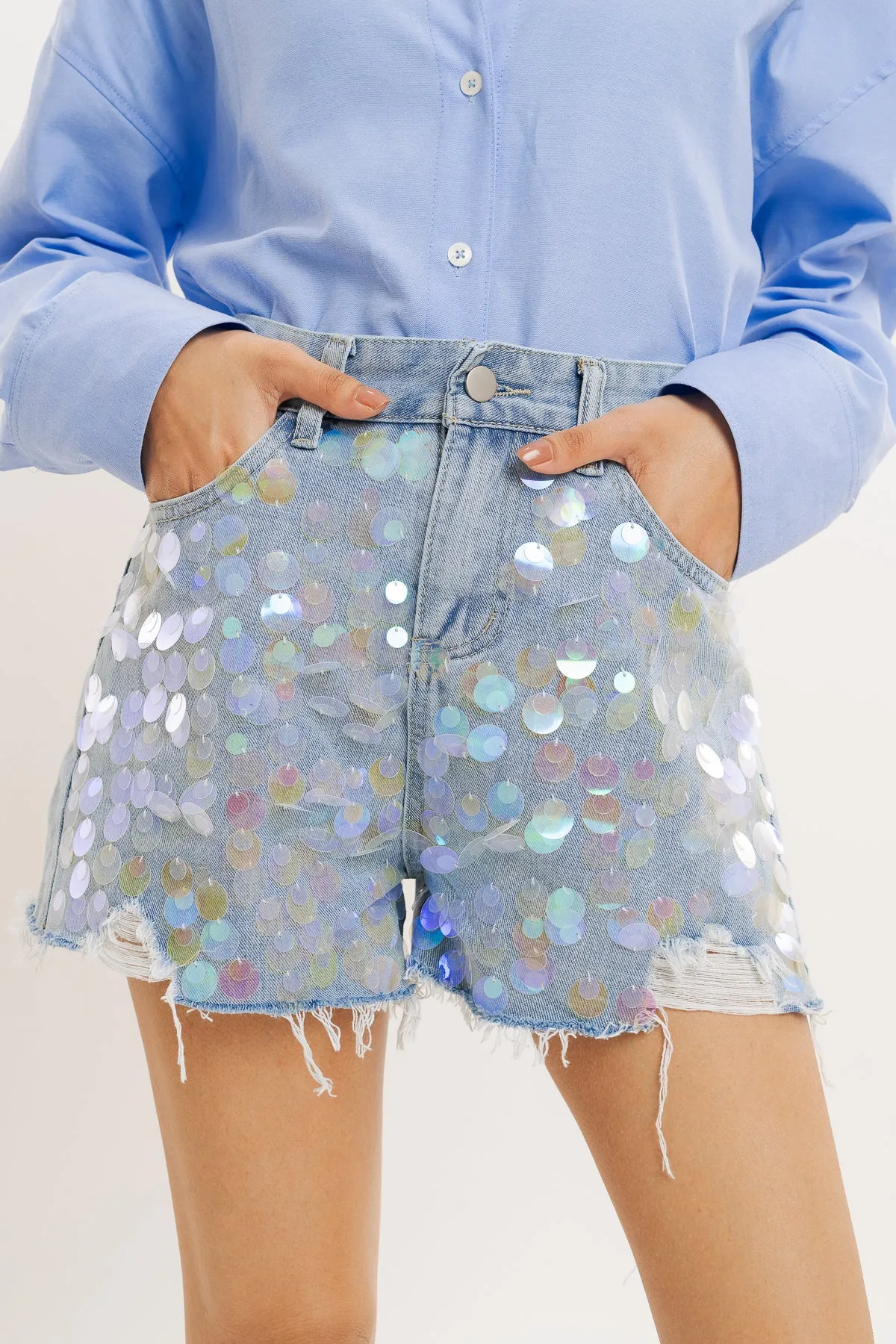 Blue Sequin Embellished Denim Short