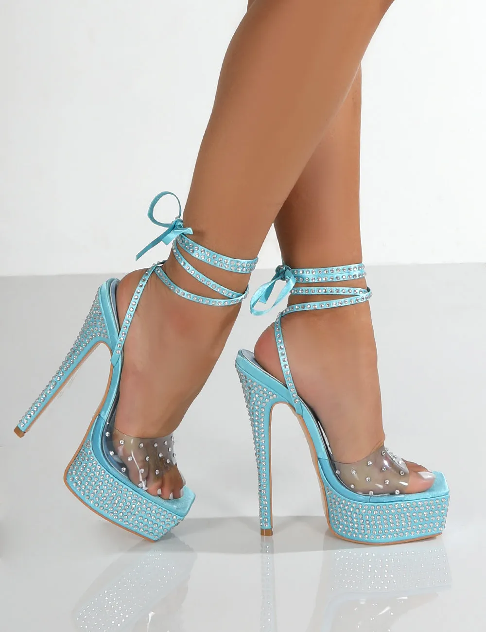 Celeste Blue Satin Square Toe Diamante Clear Perspex Ankle Tie Heels