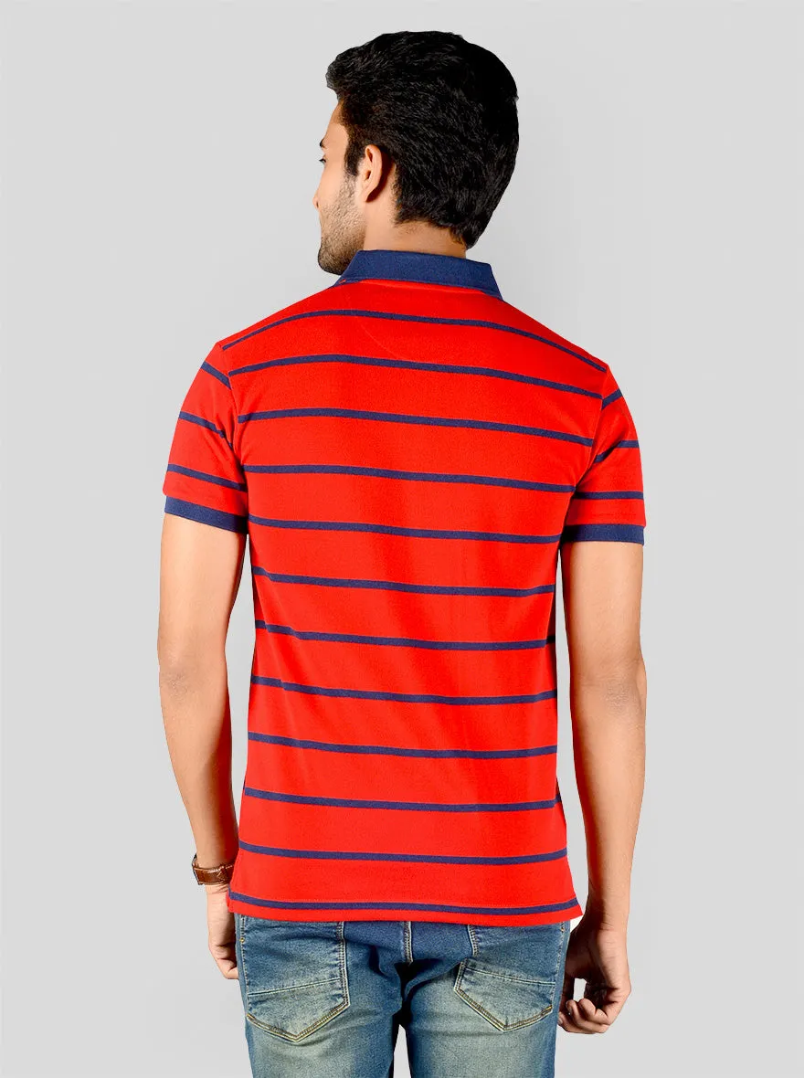 Cherry Tomato & Navy Blue Striped Slim Fit Polo T-shirt | Greenfibre