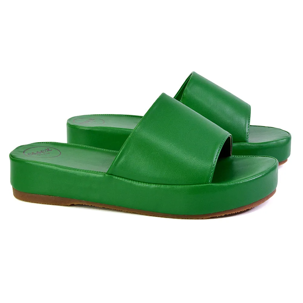 Coco Flatform Summer Comfy Slip on Low Wedge Platform Flat Sandal Slides in Green