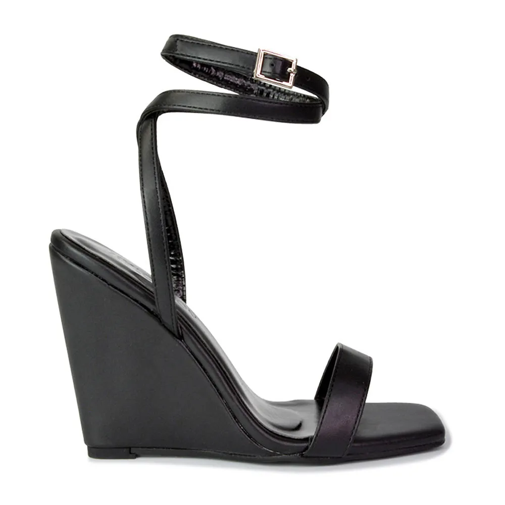 Collins Strappy Ankle Strap Wedge High Heels Square Toe Shoes in Black