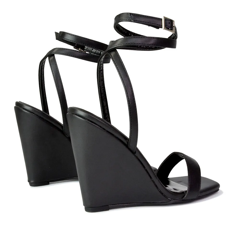 Collins Strappy Ankle Strap Wedge High Heels Square Toe Shoes in Black