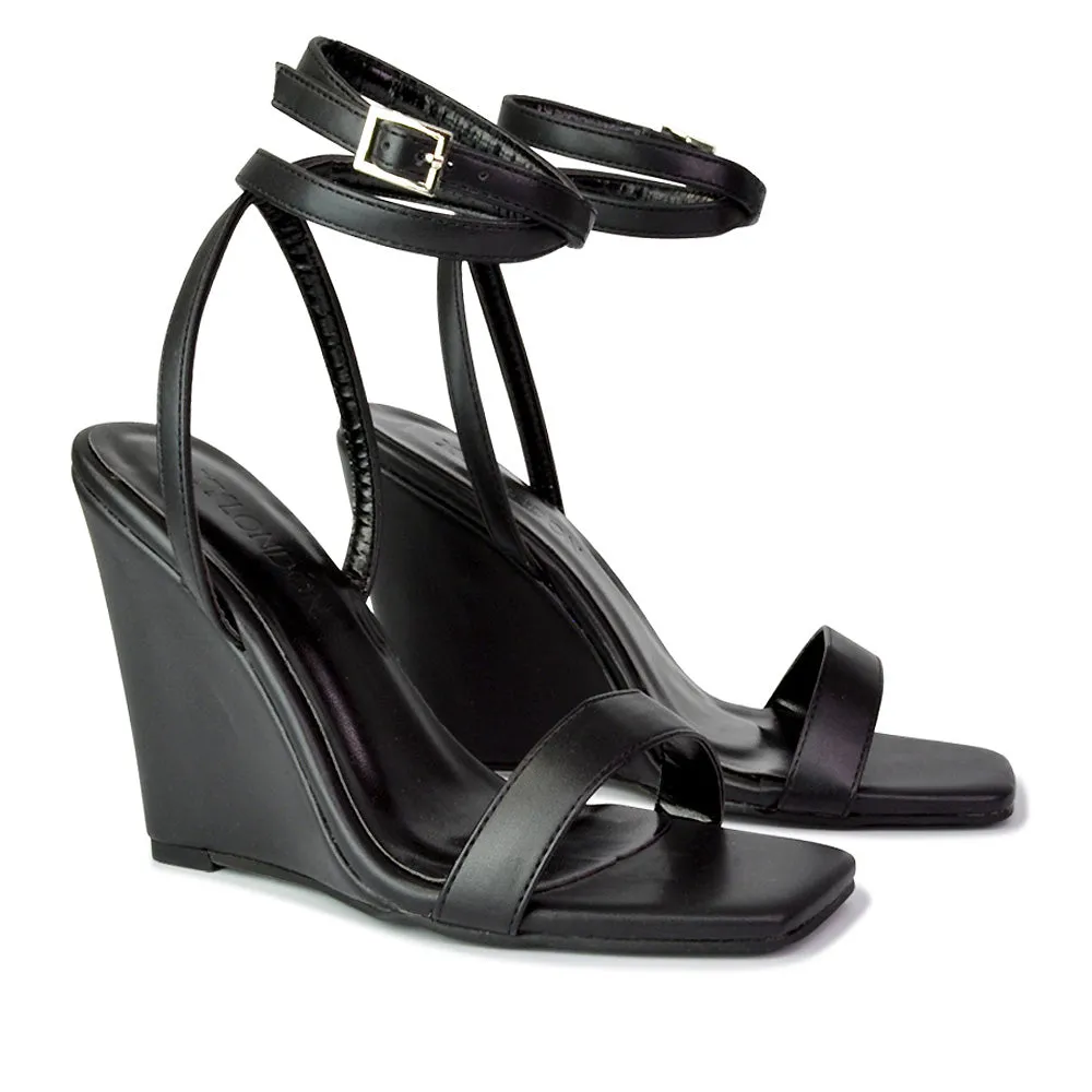 Collins Strappy Ankle Strap Wedge High Heels Square Toe Shoes in Black