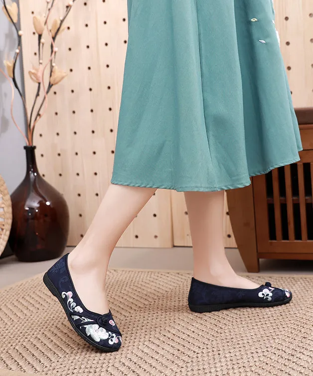 Comfy Blue Flats Embroideried Cotton Fabric Flat Shoes For Women