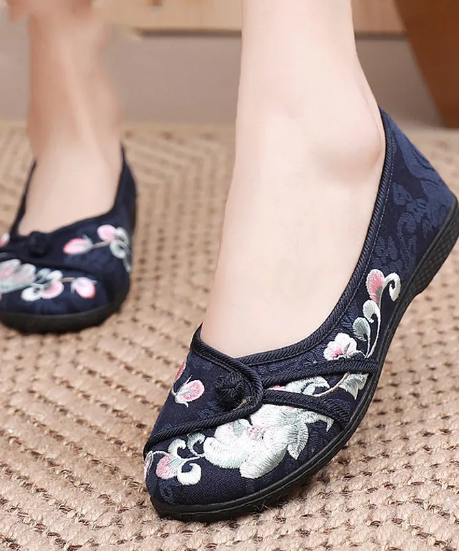 Comfy Blue Flats Embroideried Cotton Fabric Flat Shoes For Women