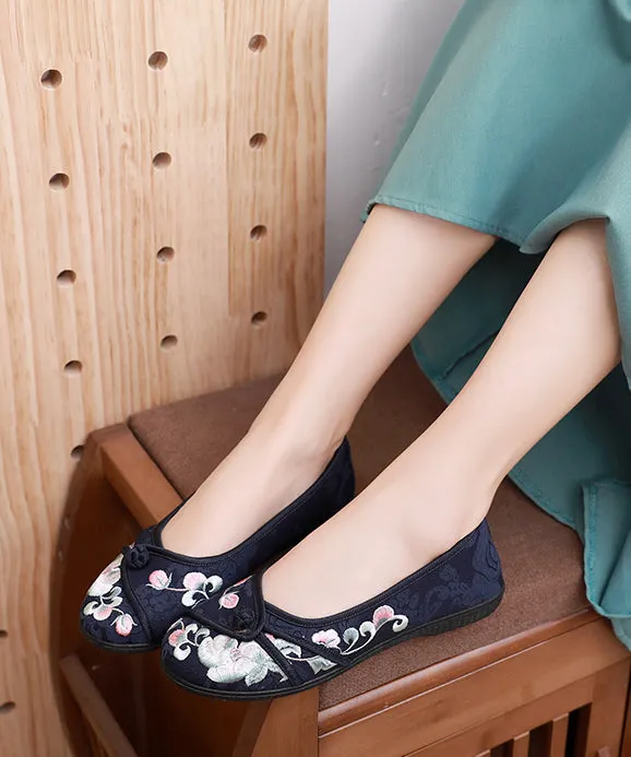 Comfy Blue Flats Embroideried Cotton Fabric Flat Shoes For Women