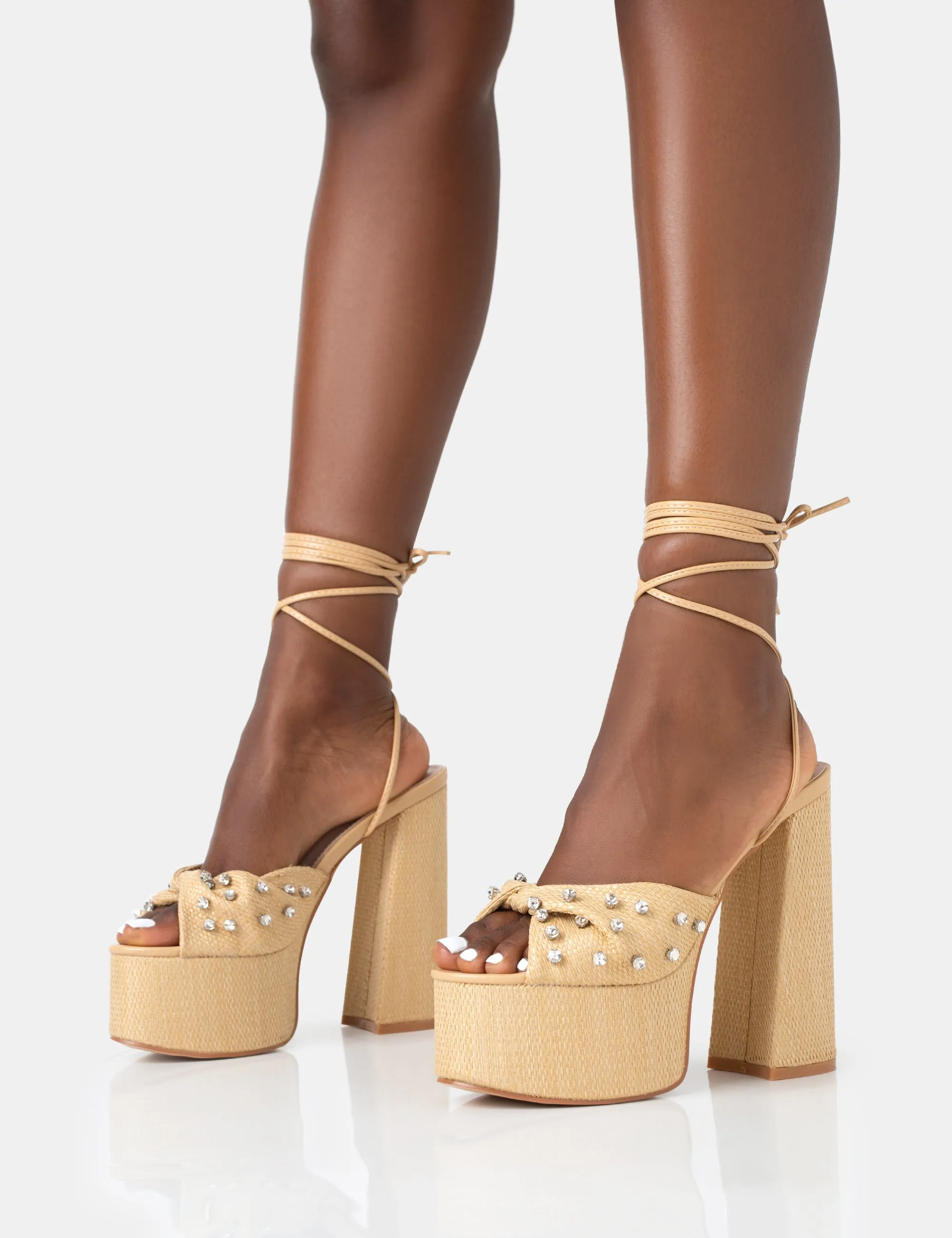 Crete Raffia Diamante Twist Strap Lace Up Platform Block Heels