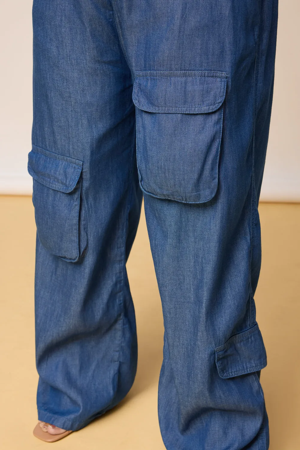 Curve Mid Blue Elastic Waist Cargo Denim Jeans