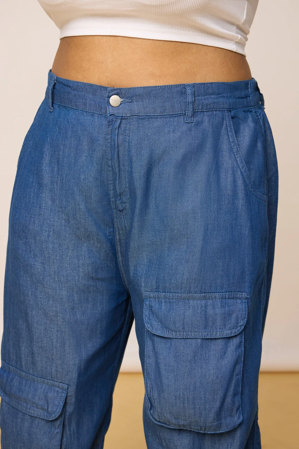 Curve Mid Blue Elastic Waist Cargo Denim Jeans