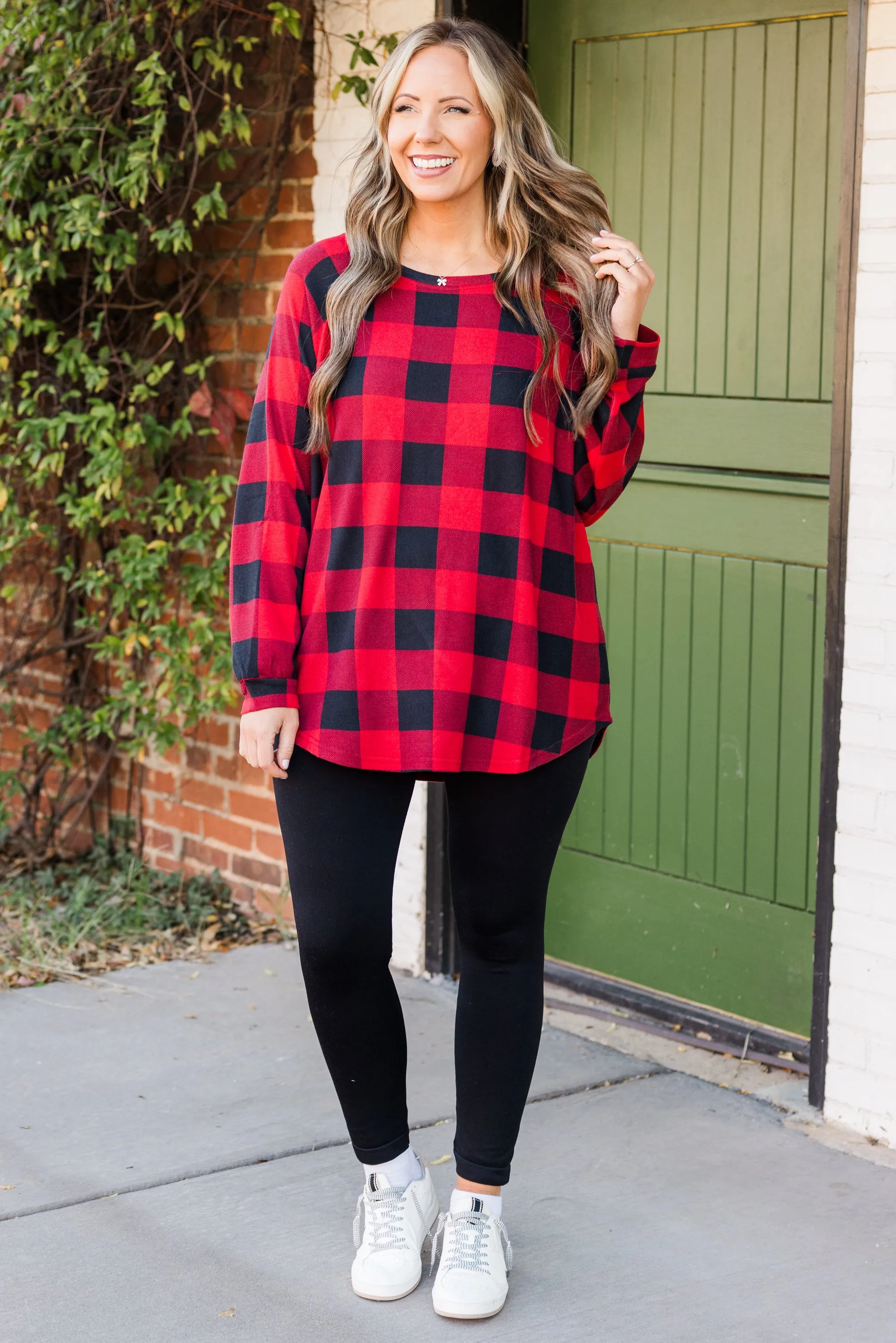 Curved Hem Slouchy Dolman Tunic, Red Plaid