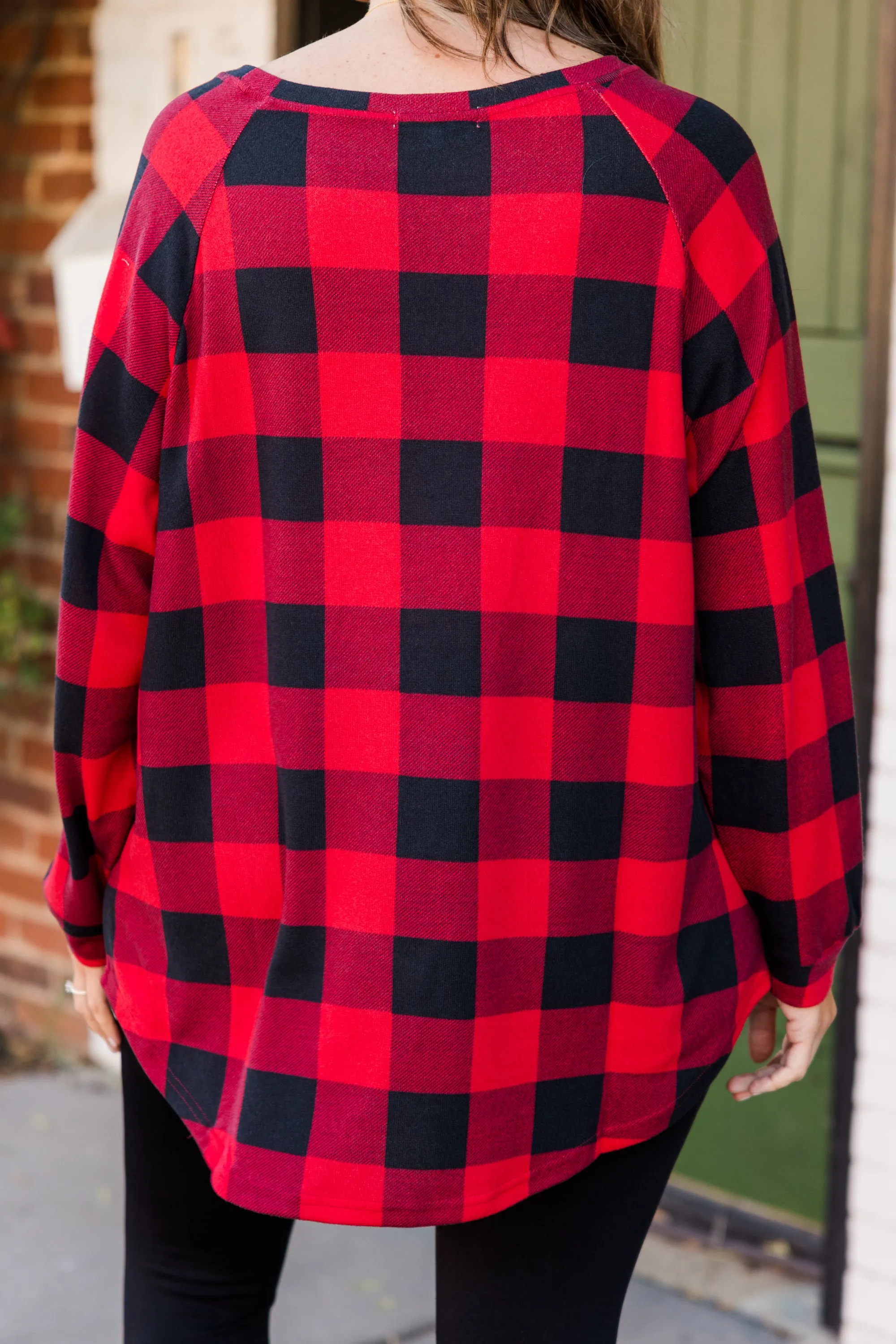 Curved Hem Slouchy Dolman Tunic, Red Plaid