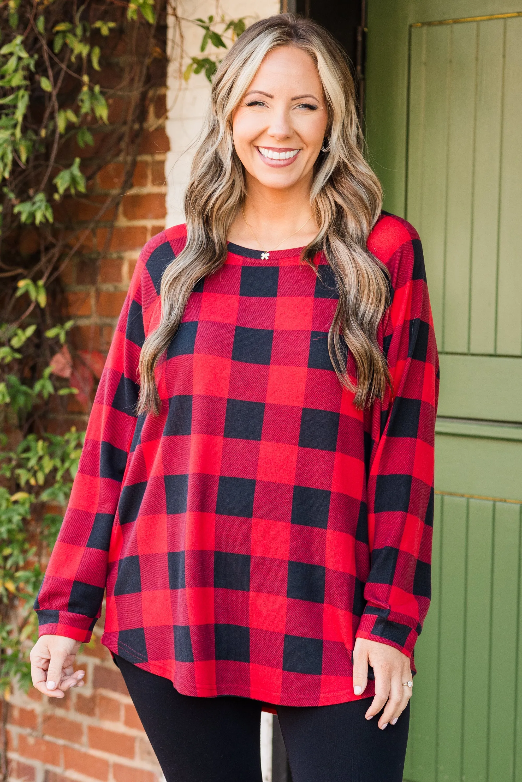 Curved Hem Slouchy Dolman Tunic, Red Plaid