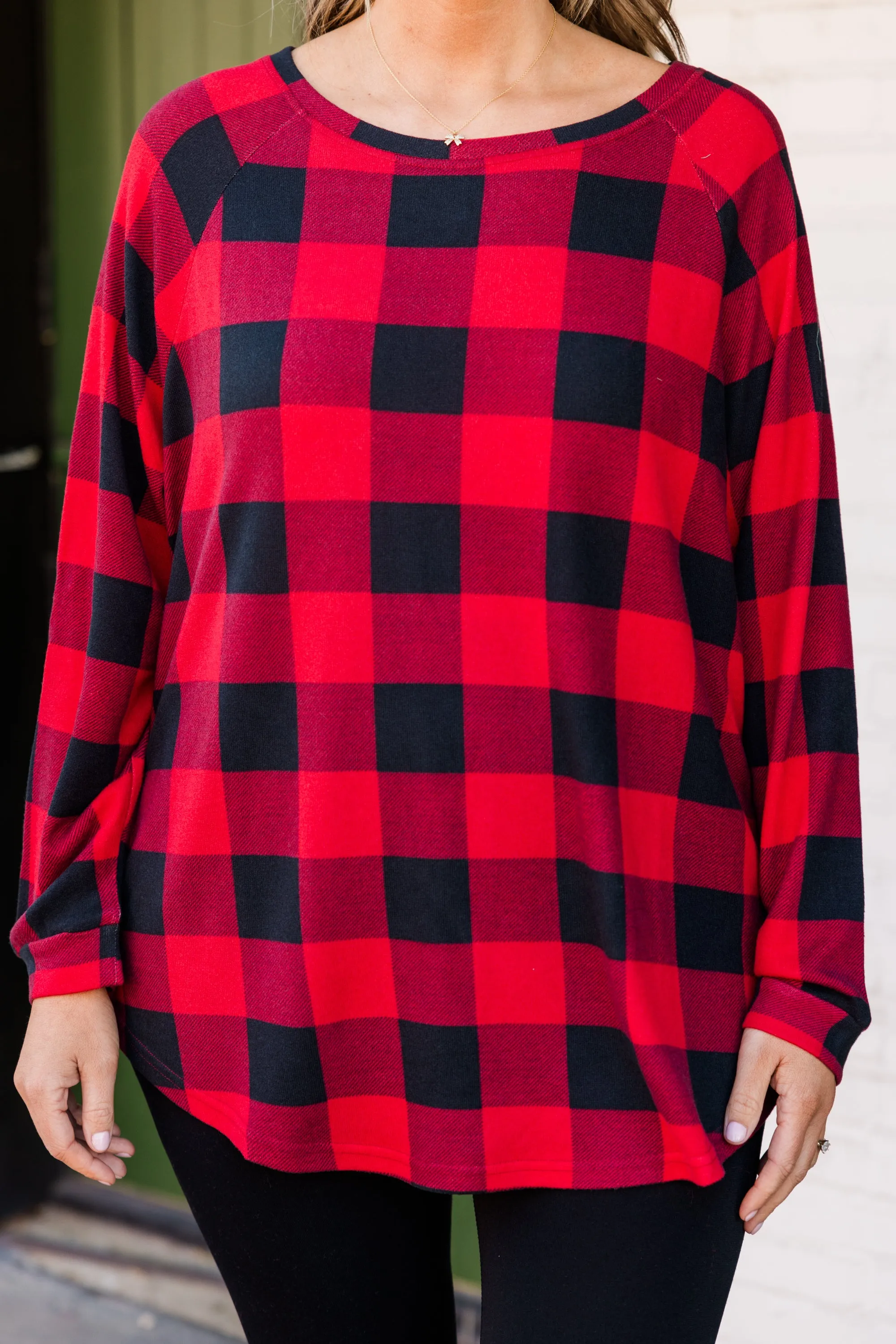 Curved Hem Slouchy Dolman Tunic, Red Plaid