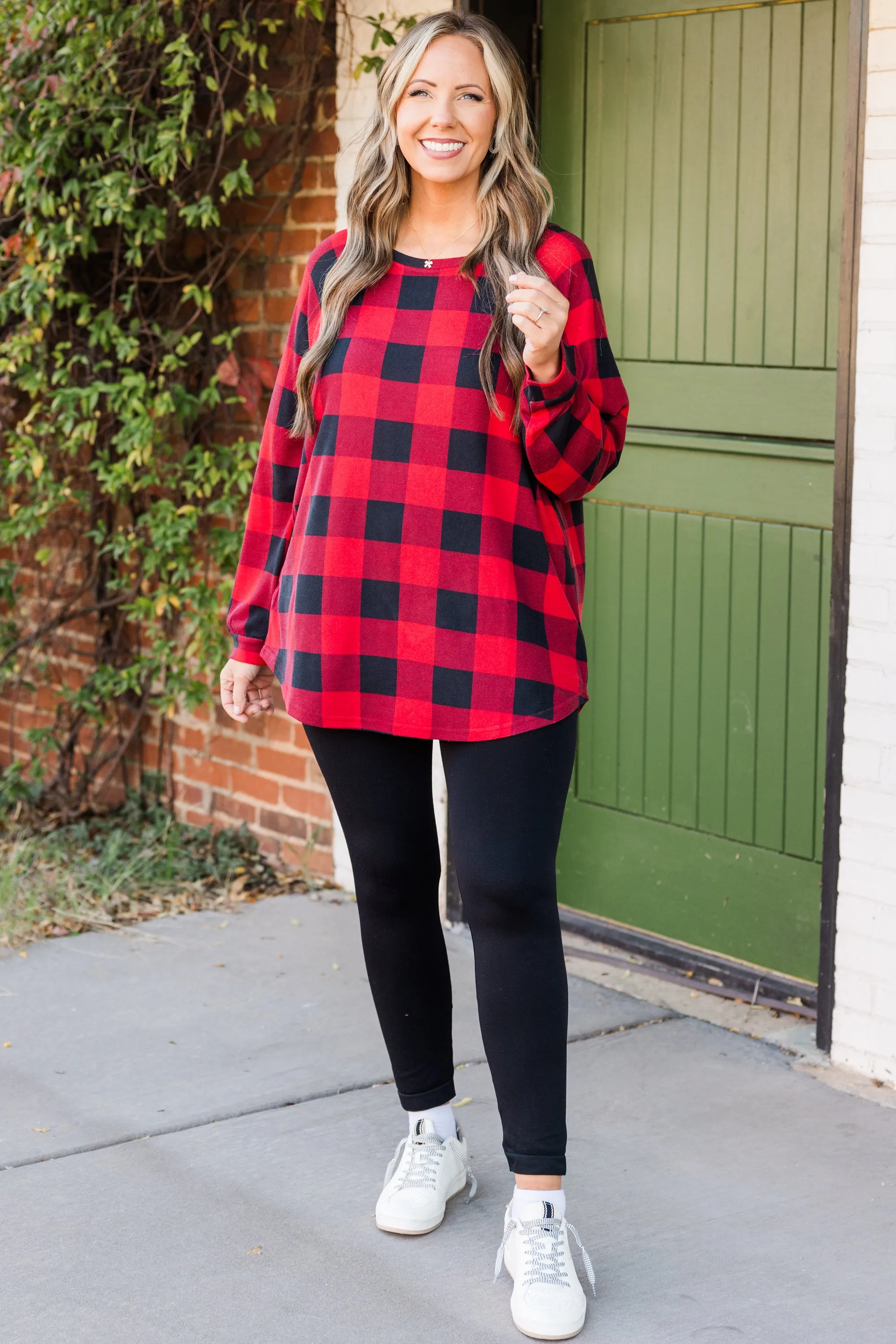 Curved Hem Slouchy Dolman Tunic, Red Plaid