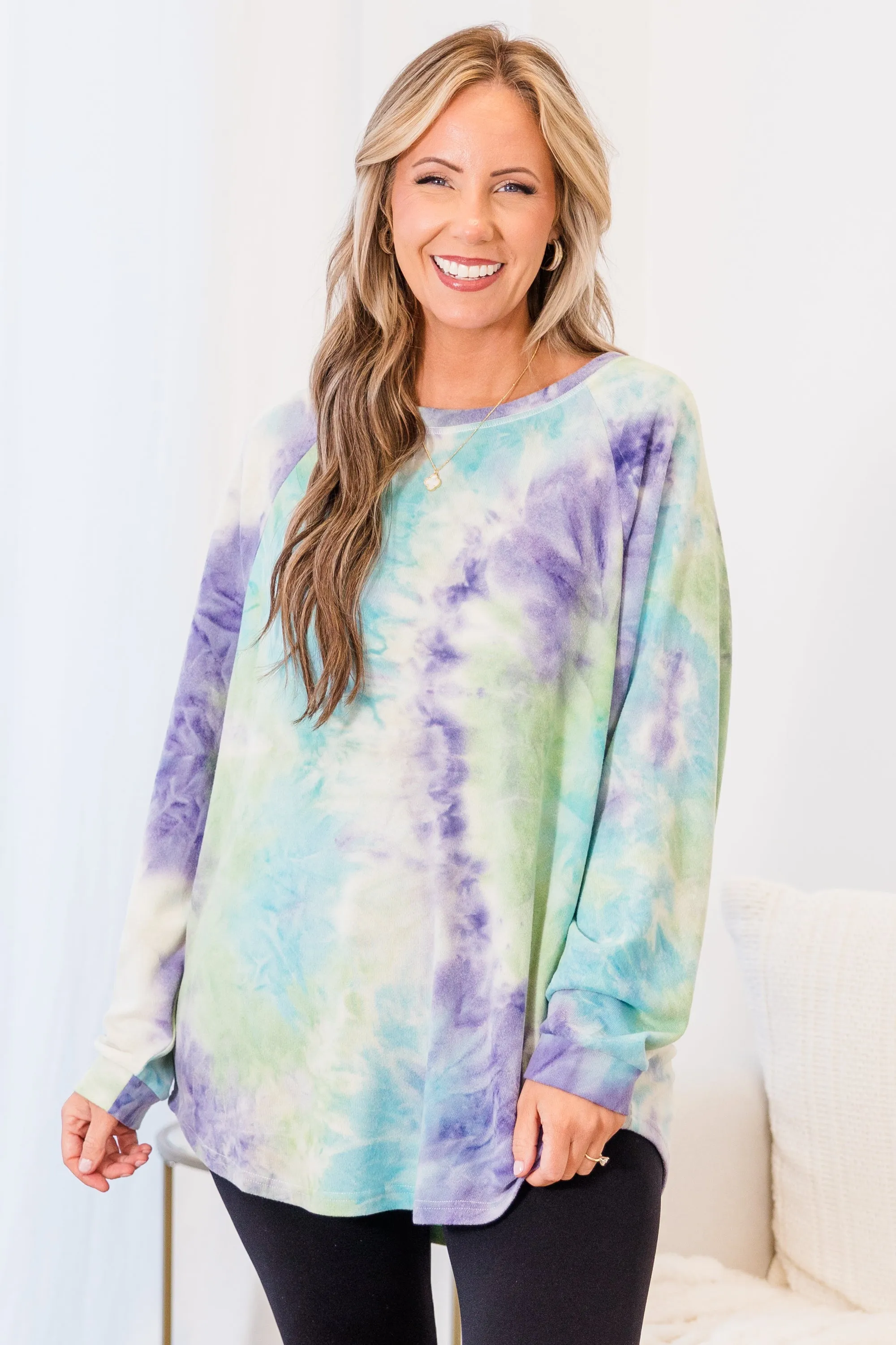 Curved Hem Slouchy Dolman Tunic, Tie Dye Purple