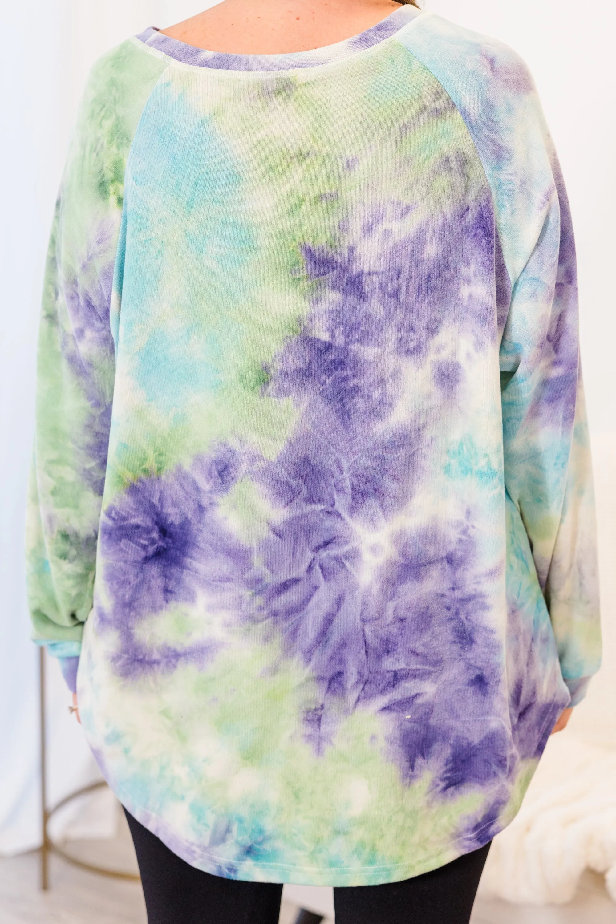 Curved Hem Slouchy Dolman Tunic, Tie Dye Purple