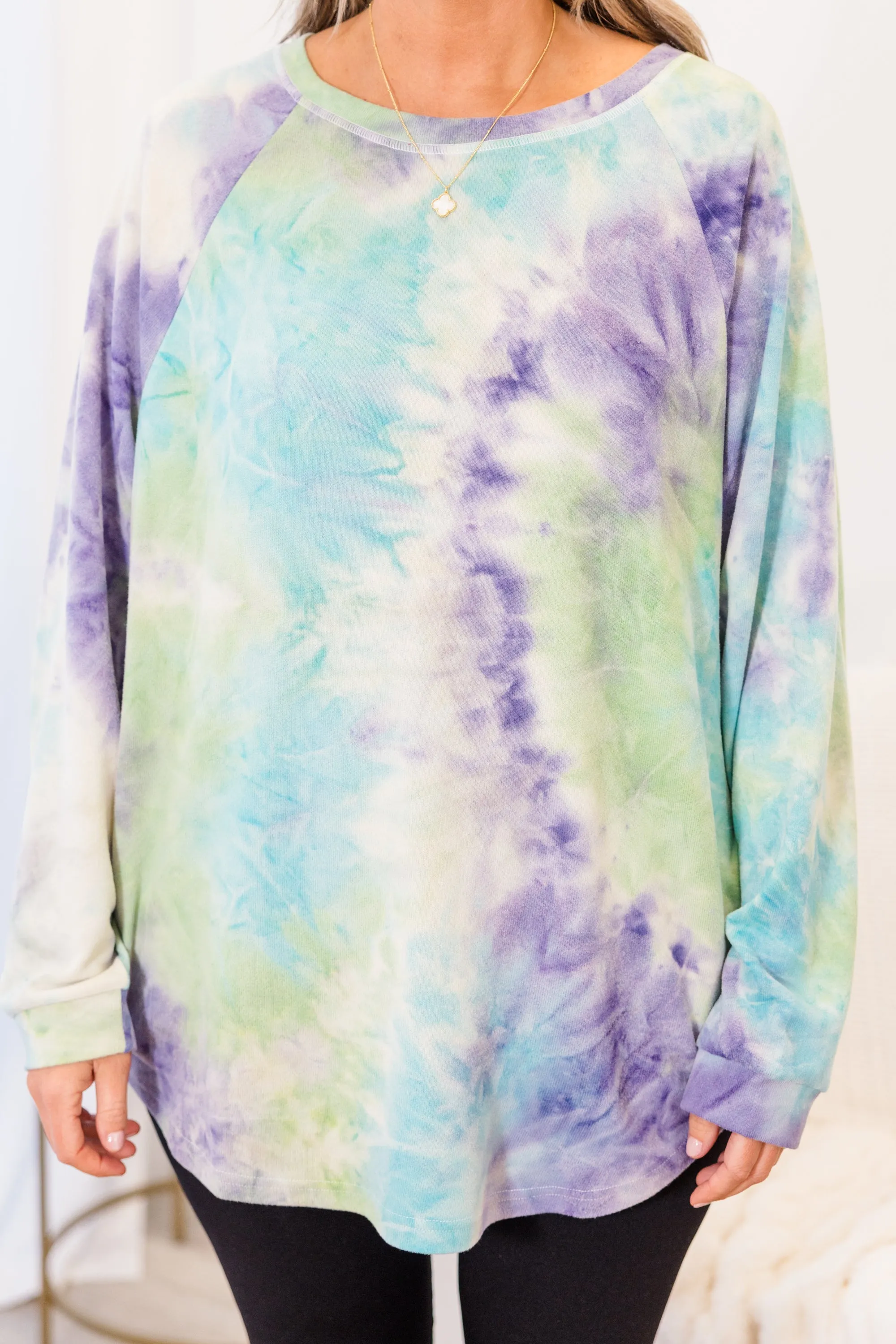 Curved Hem Slouchy Dolman Tunic, Tie Dye Purple