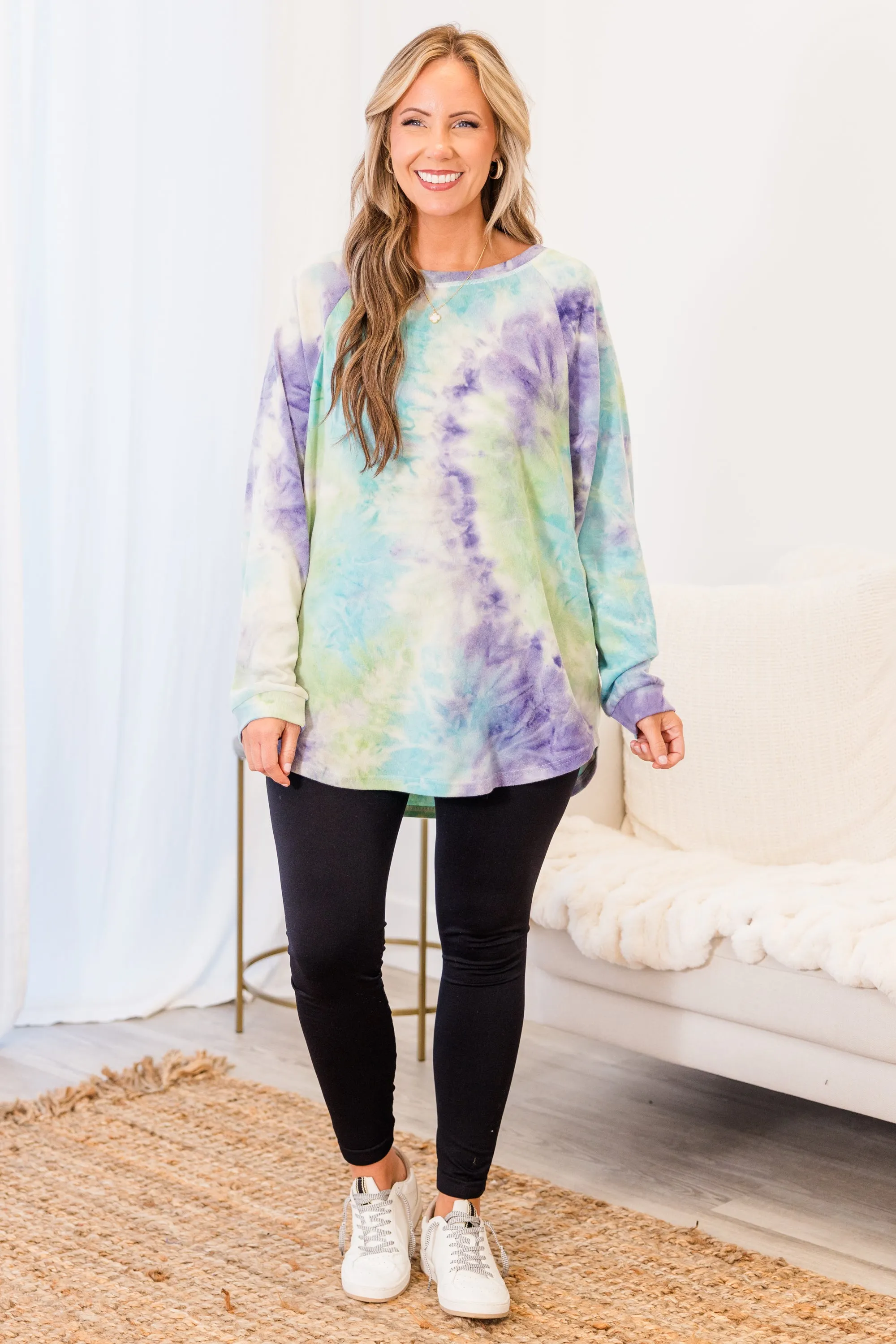 Curved Hem Slouchy Dolman Tunic, Tie Dye Purple