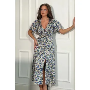 Ditsy Blue Floral Midi Dress With Angel Sleeves & High Leg Split