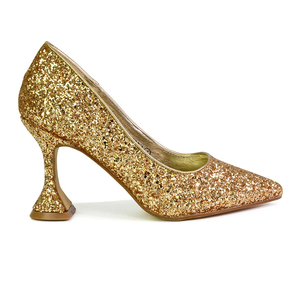 Dragonfruit Glitter Pumps Pointed Toe Sparkly Glitter Heel Court Shoes in Gold