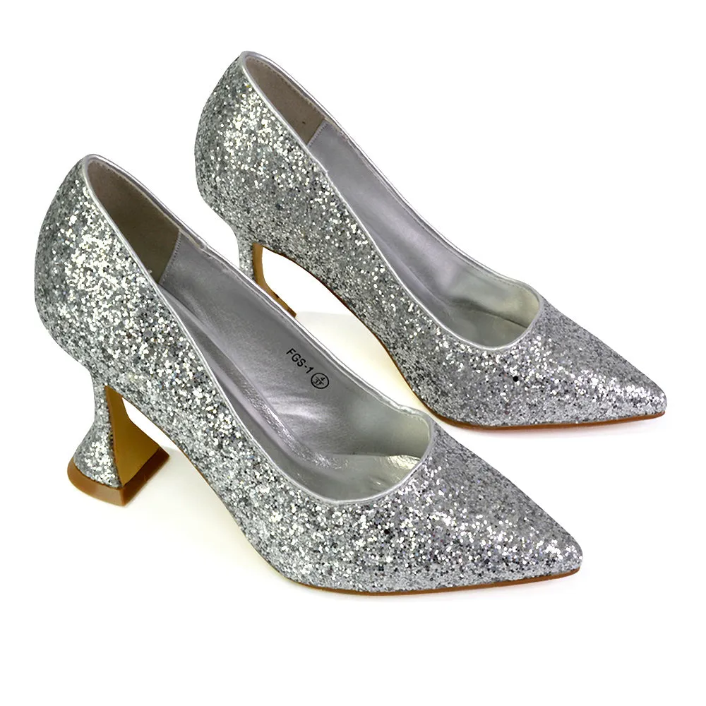 Dragonfruit Glitter Pumps Pointed Toe Sparkly Glitter Heel Court Shoes in Gold