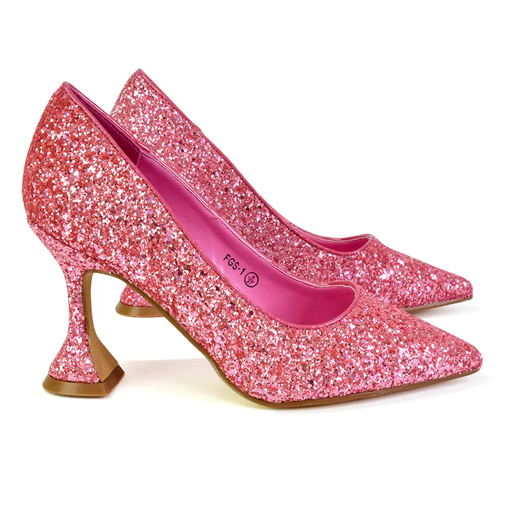 Dragonfruit Glitter Pumps Pointed Toe Sparkly Glitter Heel Court Shoes in Gold