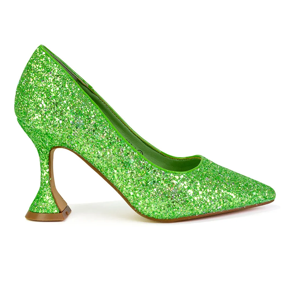 Dragonfruit Glitter Pumps Pointed Toe Sparkly Glitter Heel Court Shoes in Gold