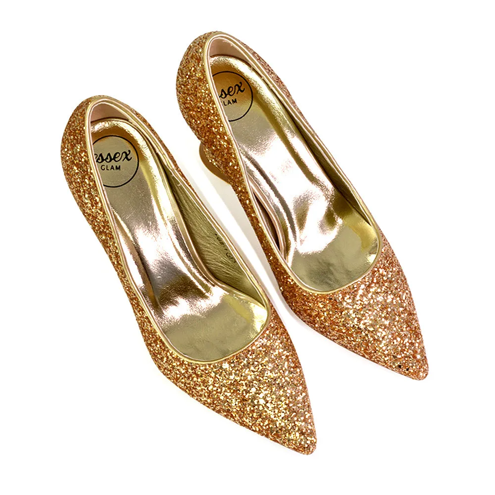 Dragonfruit Glitter Pumps Pointed Toe Sparkly Glitter Heel Court Shoes in Gold