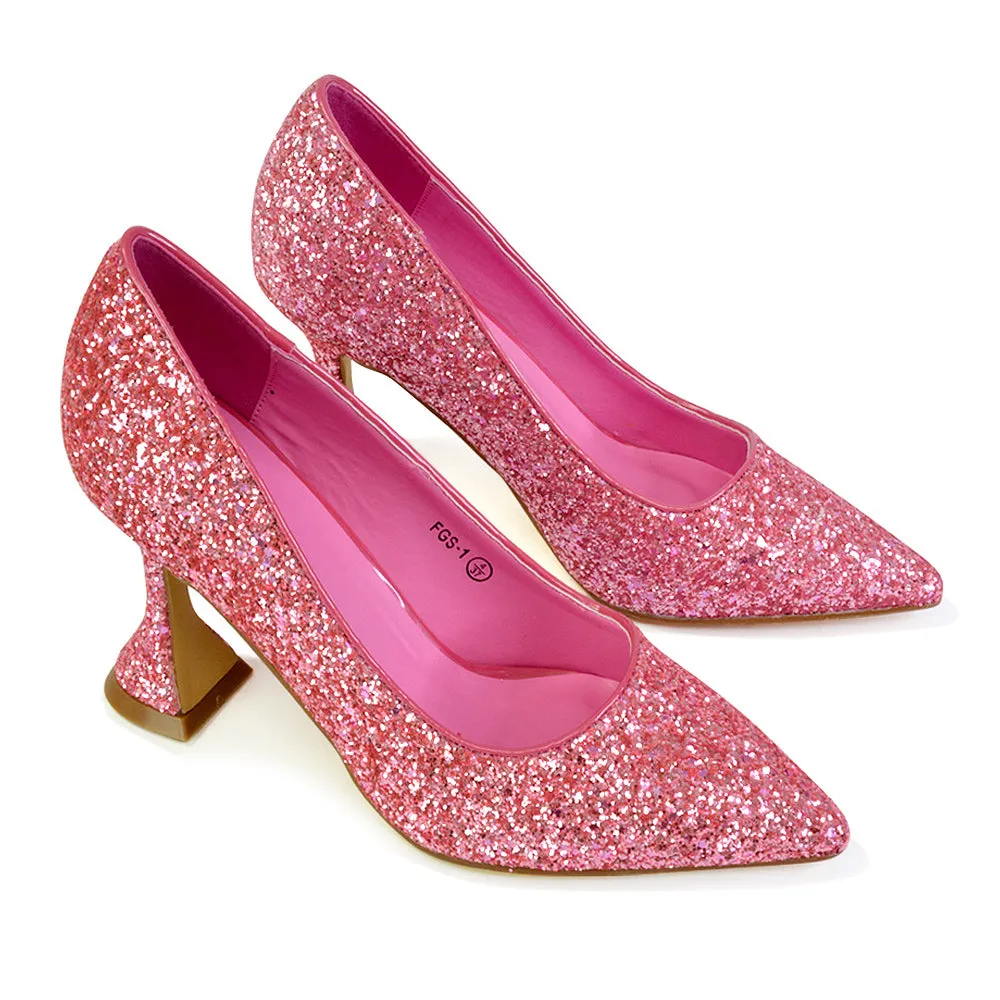 Dragonfruit Glitter Pumps Pointed Toe Sparkly Glitter Heel Court Shoes in Gold