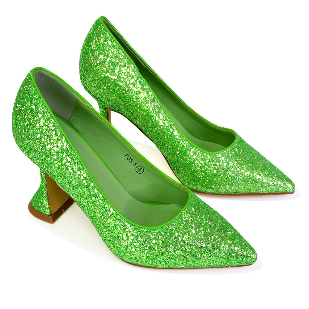 Dragonfruit Glitter Pumps Pointed Toe Sparkly Glitter Heel Court Shoes in Gold