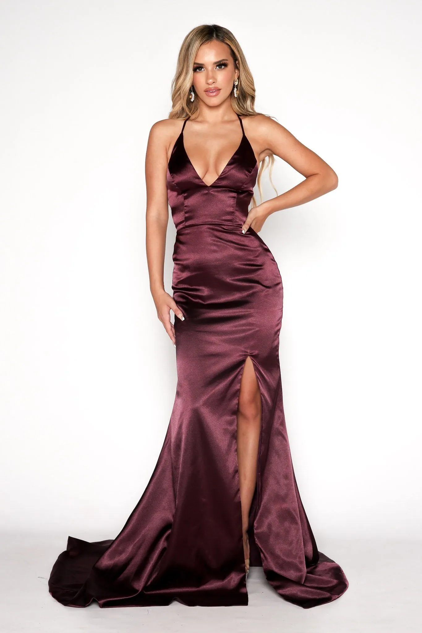 ELECTRA Lace Up Back Front Slit Satin Gown - Plum