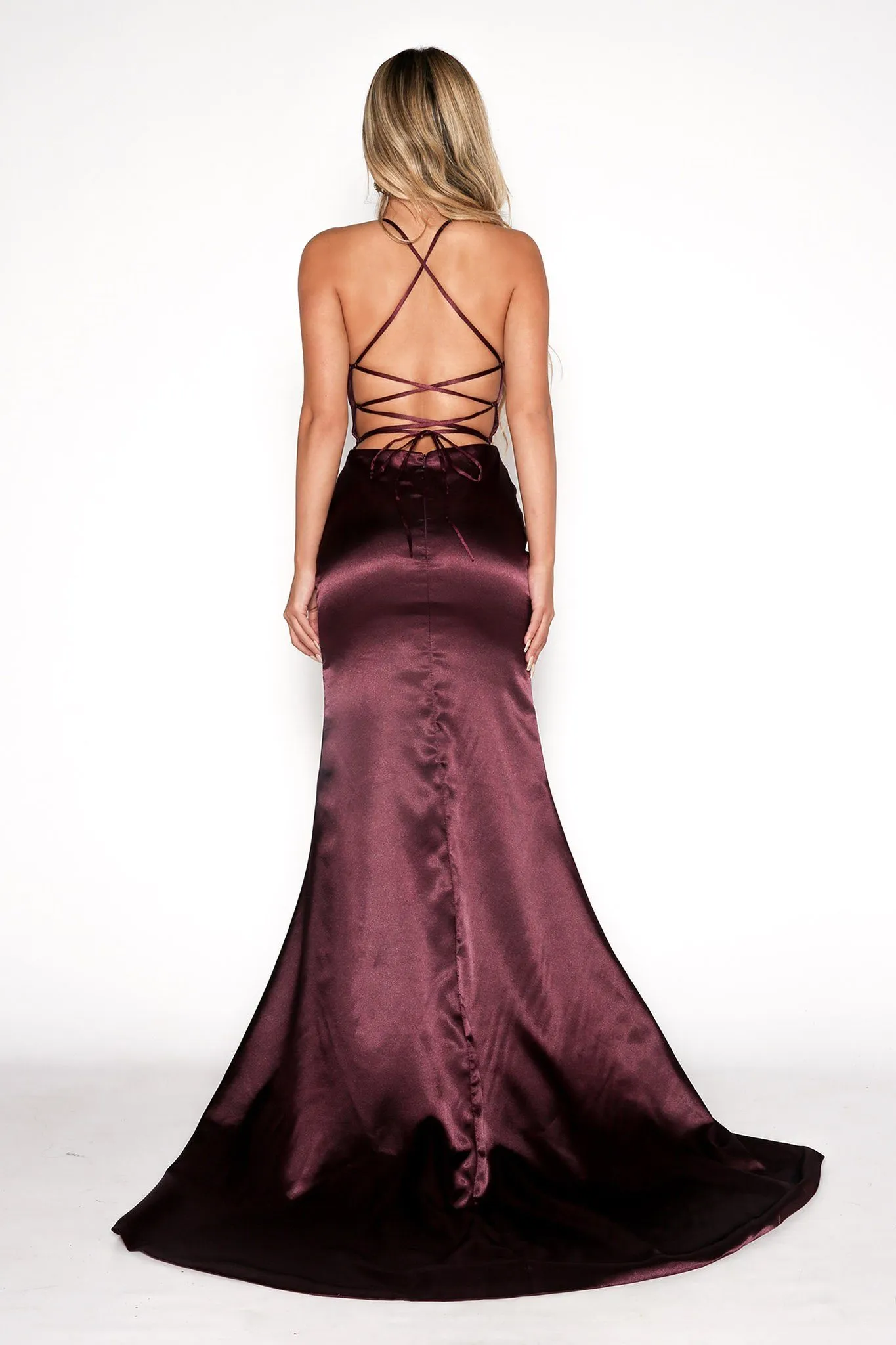 ELECTRA Lace Up Back Front Slit Satin Gown - Plum