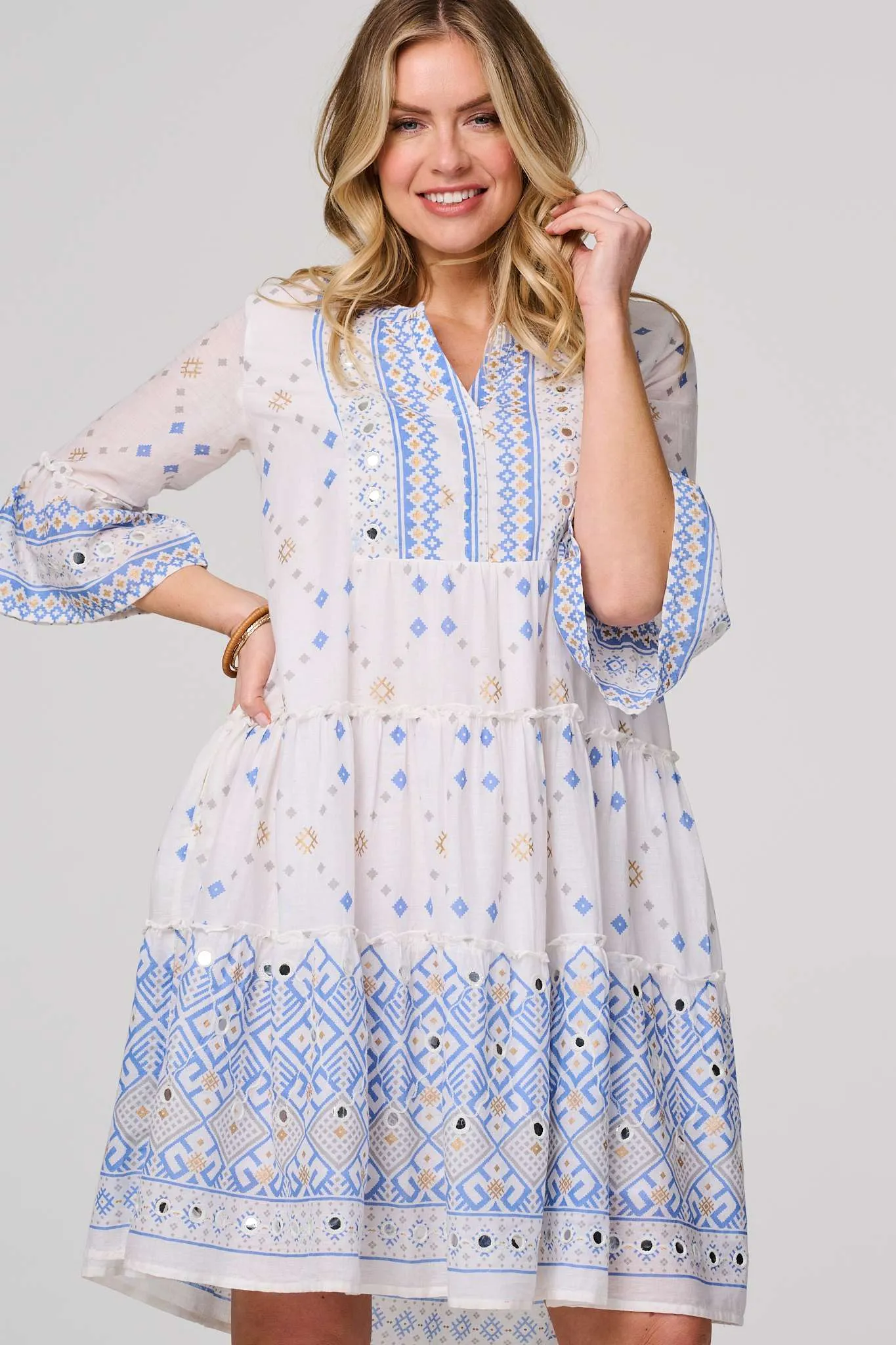 Embroidered 3/4 Flared Sleeve Short Smock Dress