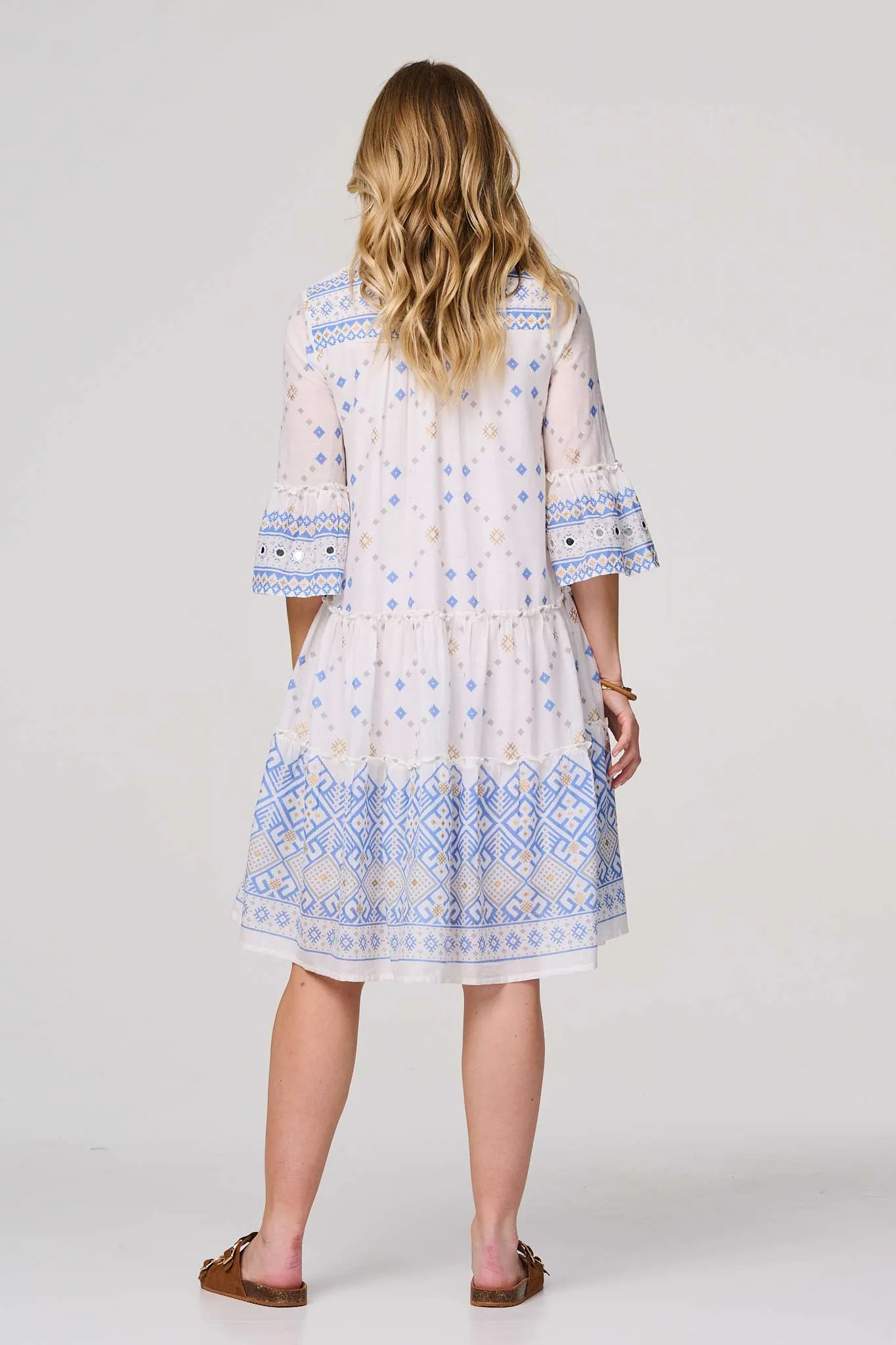 Embroidered 3/4 Flared Sleeve Short Smock Dress