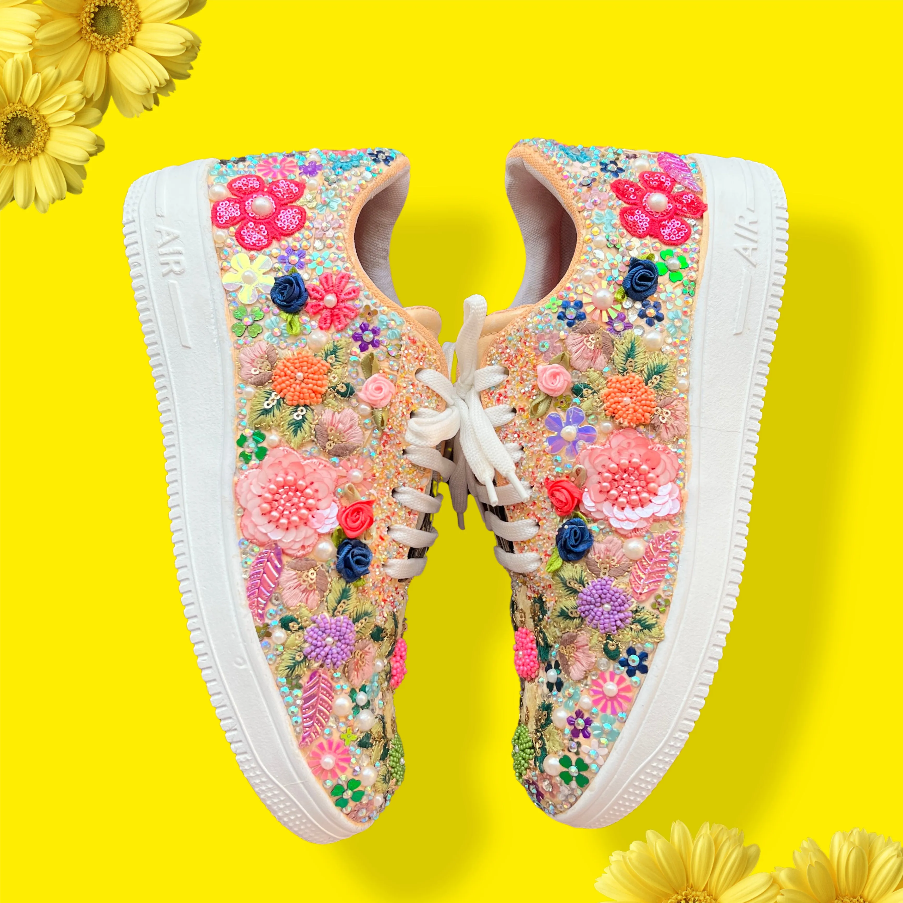 Funky N Trendy Couple sneakers/ bridal sneakers / groom sneakers/ floral sneakers / floral shoes/funky sneakers funky shoes/ bride shoes/ groom shoes / couple shoes/floral sneakers/ multi colored embroidered sneakers