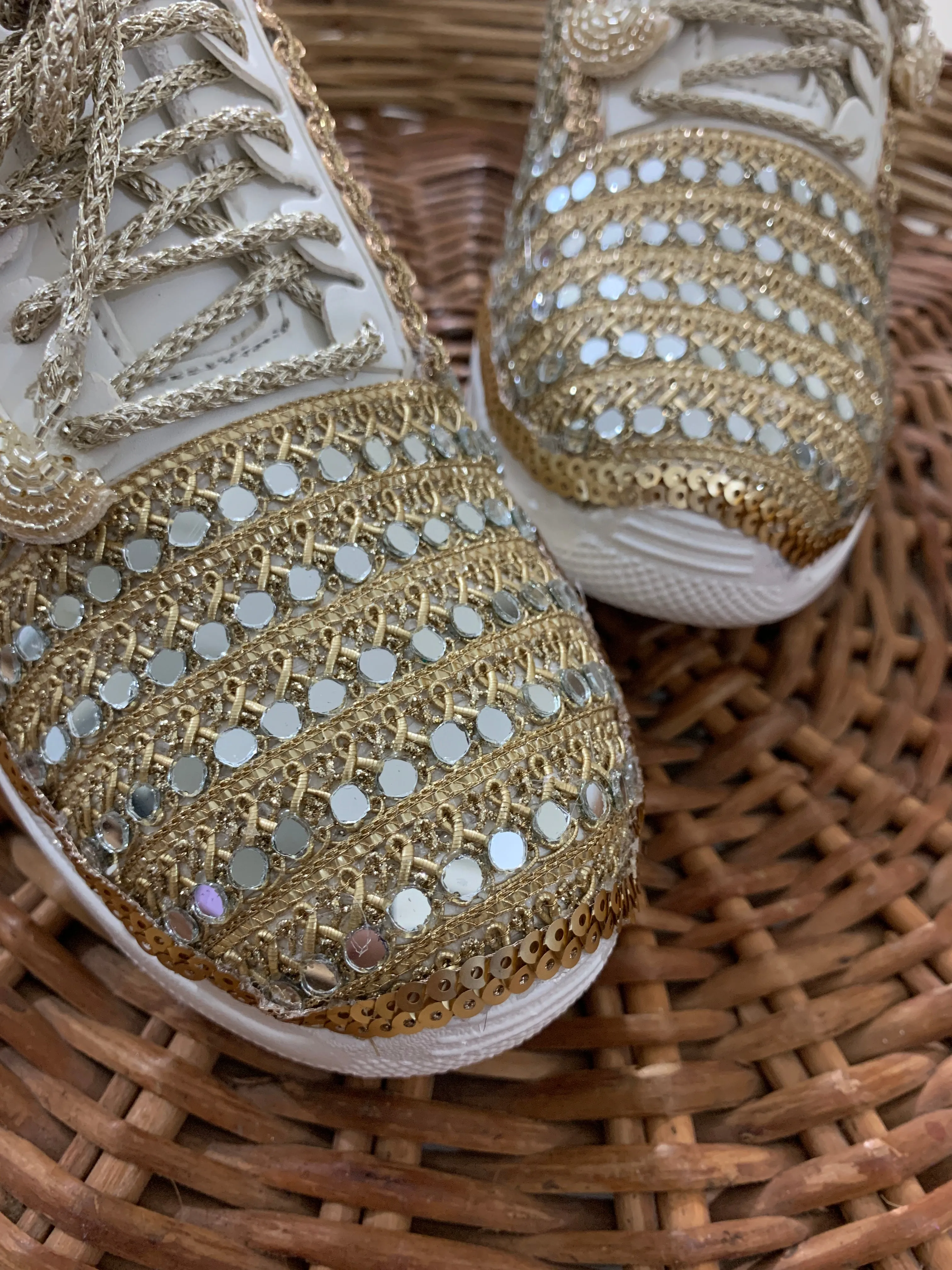 FUNKY N TRENDY dull gold mirror heeled sneakers for brides /bridesmaids / sneakers for bridesmaids/ handcrafted sneakers/ mirror sneakers / bridal sneakers / bridesmaid sneakers/ gold sneakers / mirror shoes