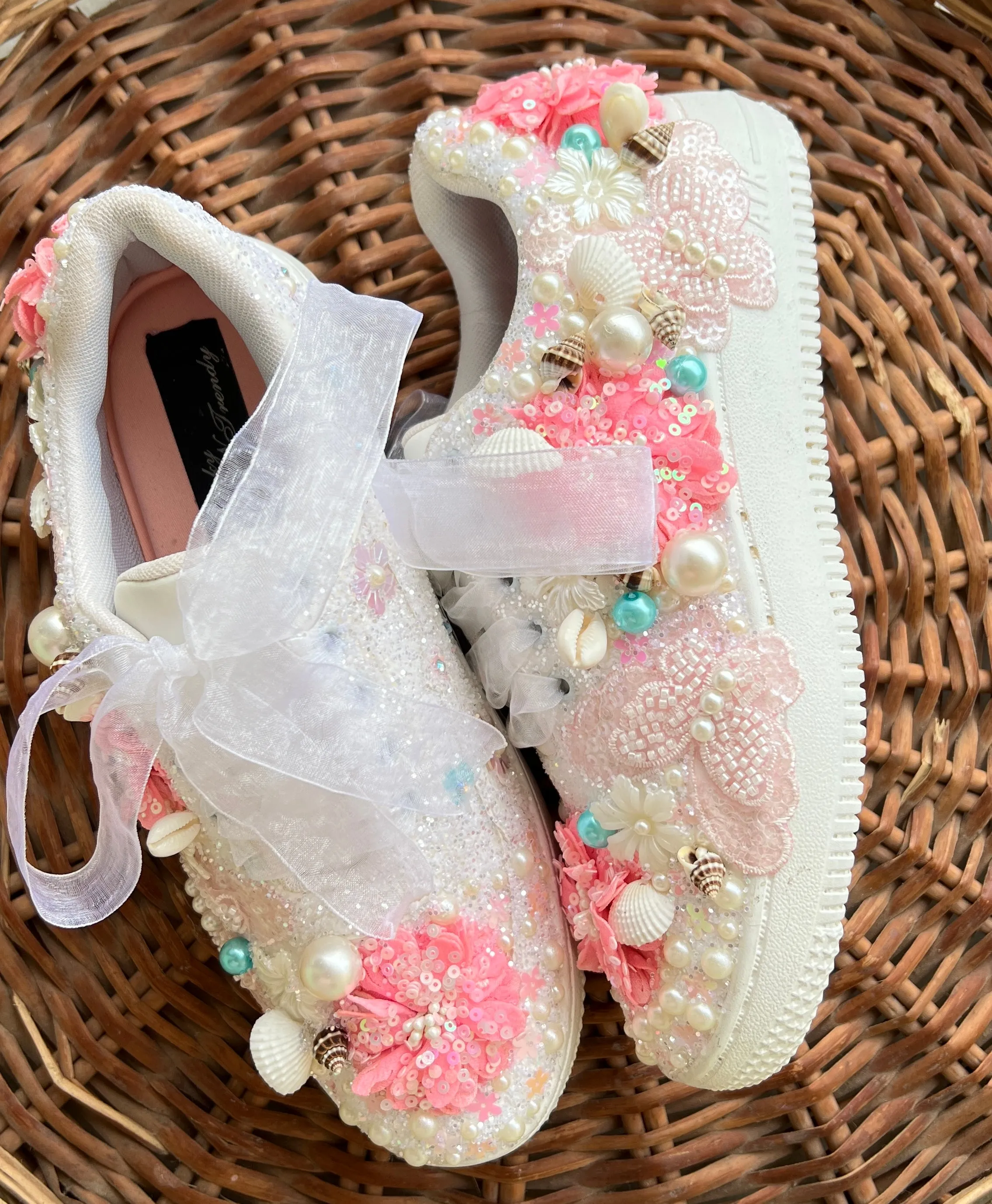 FUNKY N TRENDY floral theme hand work sneakers for brides / bridesmaids/ shells sneakers / pearls sneakers / blue and pink shoes / pink and blue sneakers/ butterfly and floral sneakers